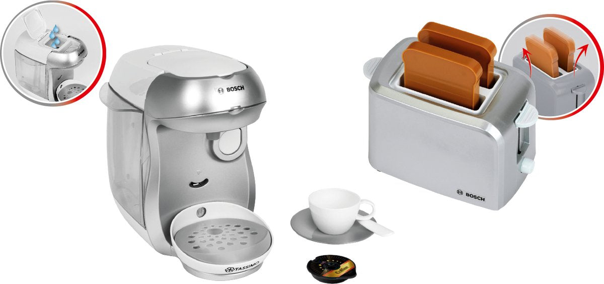 Klein legetøj - bosch mini legetøj morgenmadssæt - tassimo kaffemaskine - brødrister - sølvfarvet