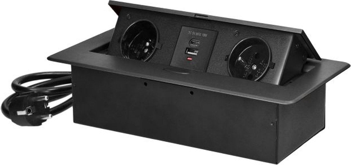 Orno skrivebordsstik med USB A C - pop up strømskinne med 2 stik - indbygget fordelerstik med rustfrit stål finish - fordelerboks med 1,5 meter kabel - til max. 3680 watt - pin earth - antracit