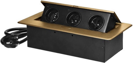Orno strømskinne med 3 stikkontakter - pop up strømskinne med 1,5 meter kabel - indbygget fordelerstik med rustfrit stål finish - fordelerboks 230 volt - til max. 3680 watt - pin jord - messing