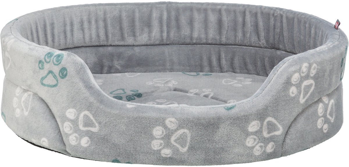 Trixie hundeseng - oval lysegrå plys - 45x35 cm med manøvredygtig pude og skridsikker bund