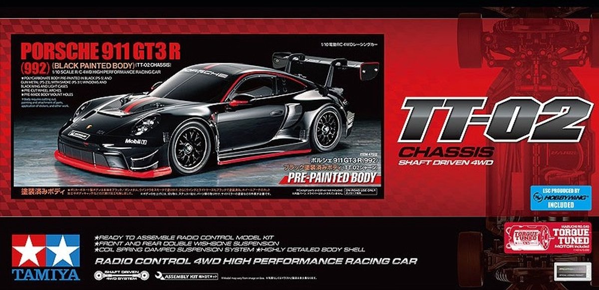 Tamiya modelsæt bil - 47512 rc bil - porsche 911 gt3 r (992) - tt-02 - formalet karosseri rc plast - 1:10 - modelfremstilling