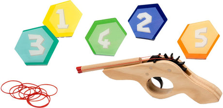 Bs legetøj skyde det! elastikpistol - træ - koordinationsspil - fra 6 år - 5 mål