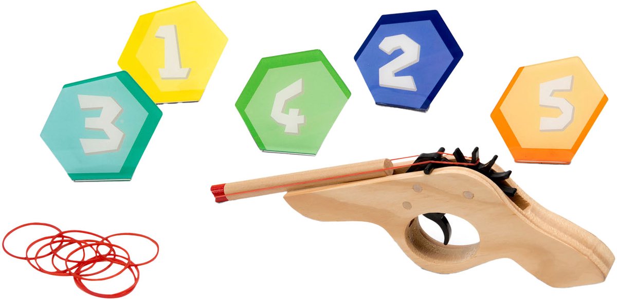 Bs legetøj skyde det! elastikpistol - træ - koordinationsspil - fra 6 år - 5 mål