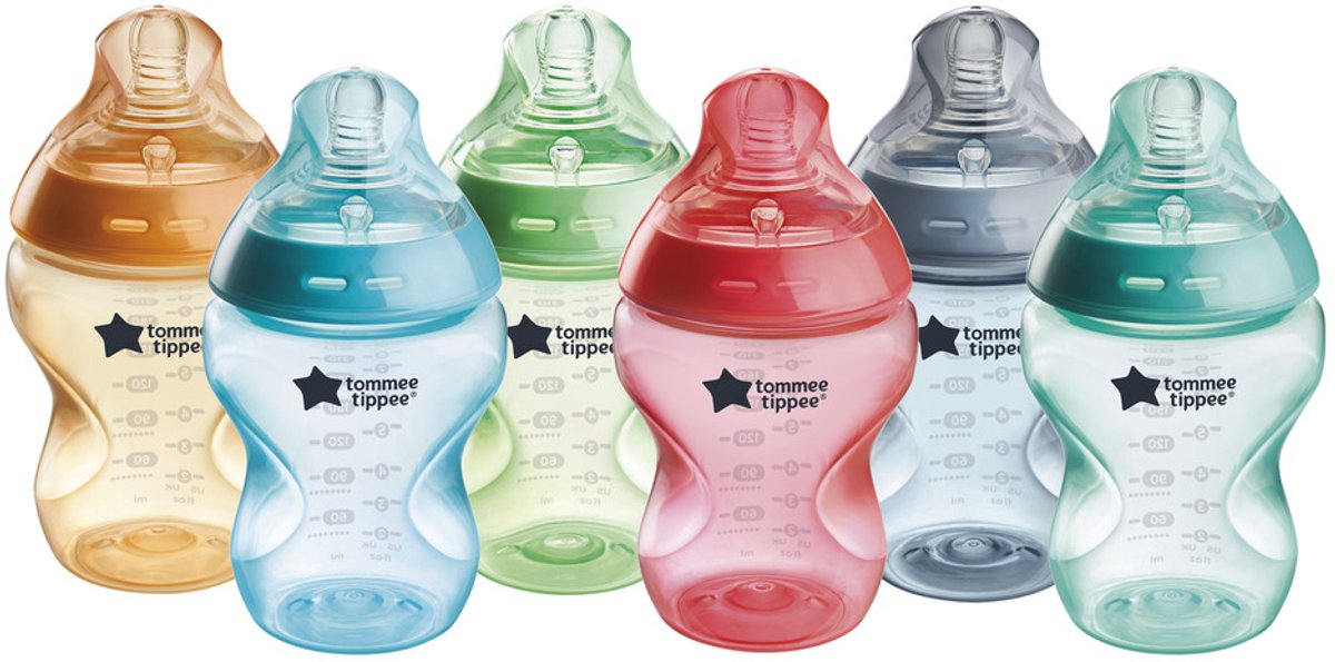 Tommee tippee naturlig start sutteflasker, sæt med 6 x 260 ml sutteflasker - lav tilførselshastighed 0m+ - farverig