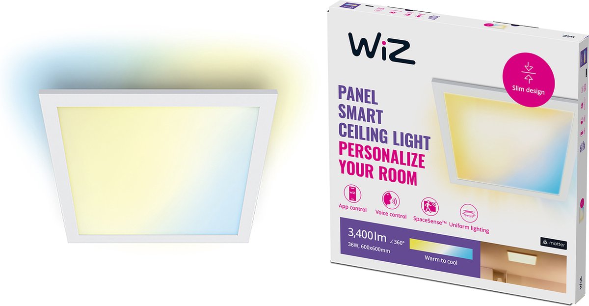 Wiz plafondlamp led paneel - 60 x 60 cm - warm- tot koelwit licht - slimme led verlichting - 36w - vierkant - wit