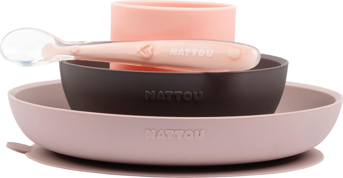 Nattou silikone børneservice - 4-delt babyservice - pink og aubergine