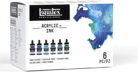 Winsor Newton Liquitex 3699375 professionelt akrylblæksæt – Aqua Colours 6×30 ml – Meget pigmenteret, vandafvisende akrylblæk