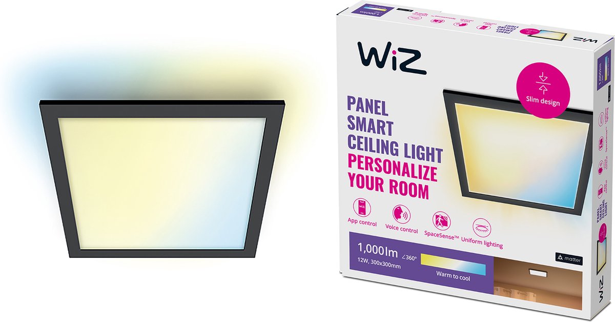 Wiz plafondlamp led paneel - 30 x 30 cm - warm- tot koelwit licht - slimme led verlichting - 12w - vierkant - zwart
