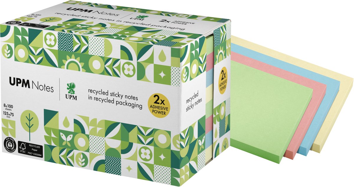 Info noter upm sticky notes - størrelse 125 x 75 mm - pastelfarver - 8 memoblokke - in-5655-88ur-8