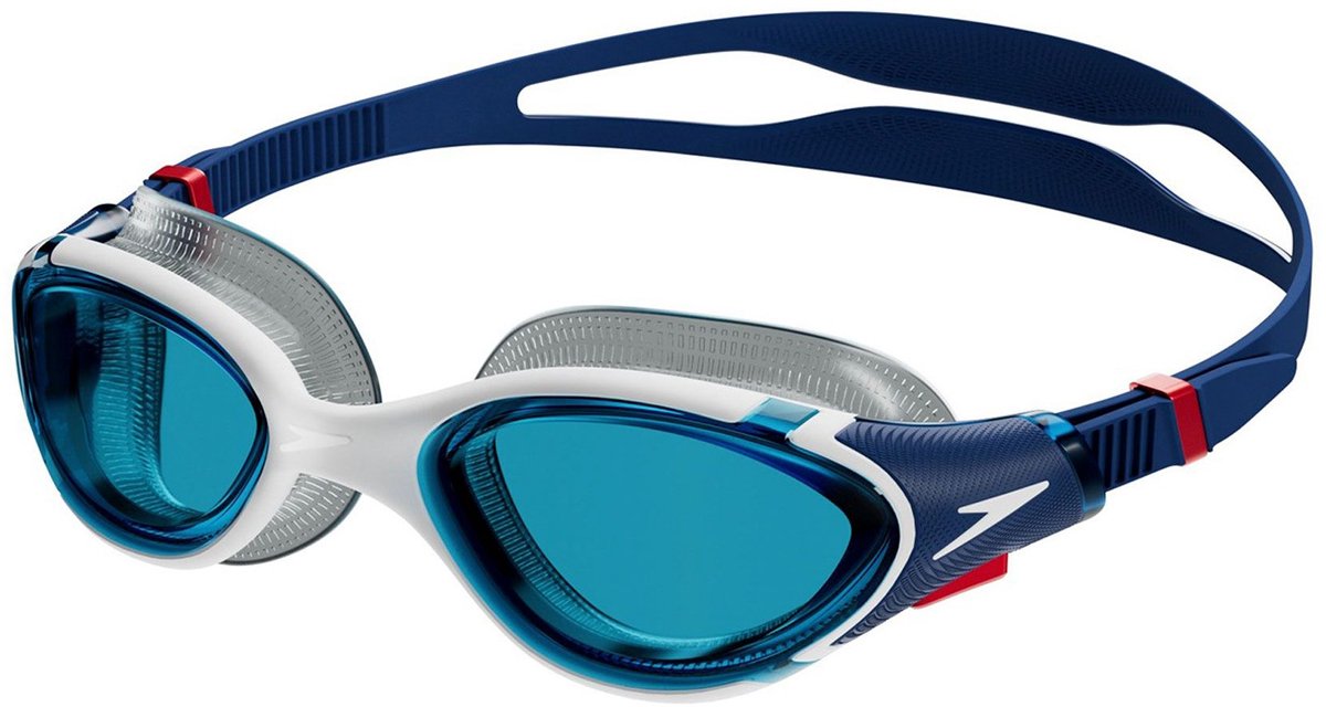Speedo biofuse 2.0 svømmebriller - ergonomiske dykkerbriller voksne - anti-dug UV beskyttelse - professionelle svømmebriller med trykknap lukning - super blød forsegling - blå hvid