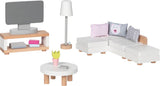 Goki dukkehusmøbler: design stue, 15-delt, 9,5x3x4cm (tv-skab), bøgetræ og stof, 3+