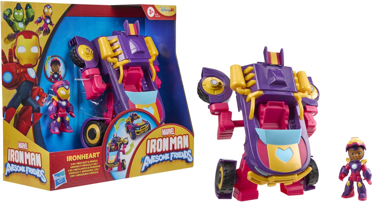 Hasbro Marvel Iron Man and His Awesome Friends Ironheart, 2-i-1 Mech-dragt og køretøj, actionfigur og legetøjskøretøj