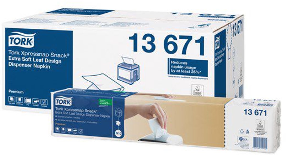 Tork 13671 xpressnap 4000 stk n10 snack dispenser serviet 1 4v 2 lag 21,6x21,6cm 4000 stk (13671)
