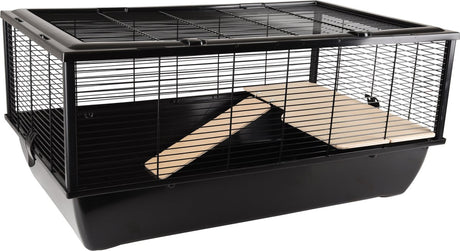 Flamingo hamsterbur – elsa – marsvinebur dværgkaninbur – bur med platform og gangbro – metal sort træ natur – 77x47x36,5 cm – Europæisk kvalitet