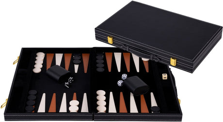 Engelhart backgammon 18 tommer - brunt elfenben syet bord - sort kuffert med håndtag - luksus rejseudgave -
