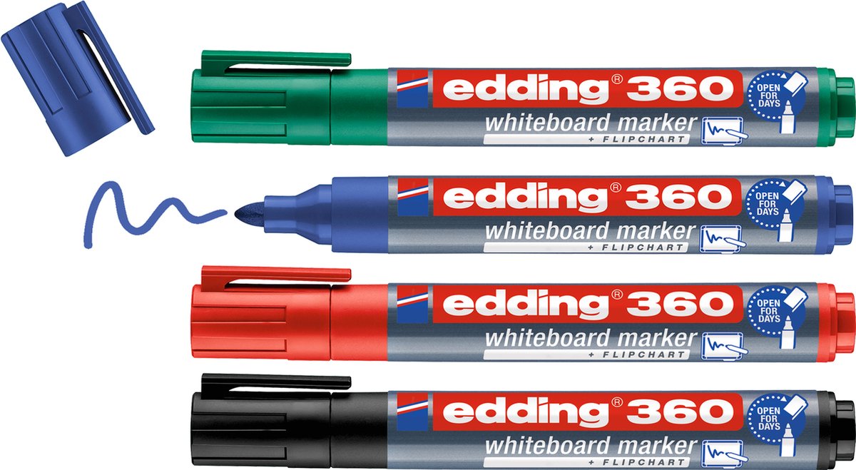 Edding 360 4 s tavlemarkør sæt - sort blå rød grøn - 1,5-3 mm - velegnet til whiteboard og flipover