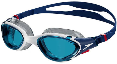 Speedo biofuse 2.0 svømmebriller - ergonomiske dykkerbriller voksne - anti-dug UV beskyttelse - professionelle svømmebriller med trykknap lukning - super blød forsegling - blå hvid