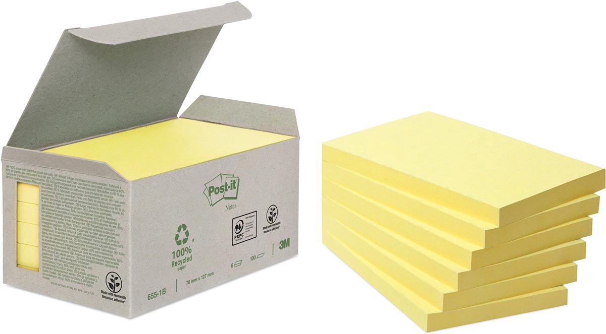 Post-it memo pad 655-1b genanvendt 76x127mm kanariegul 6 stk.