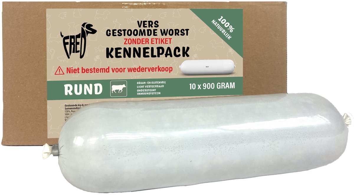 Freds - hundefoder - dampet frisk kød - pølse - kennelpakke - oksekødshvede og glutenfri - 10x900 gr