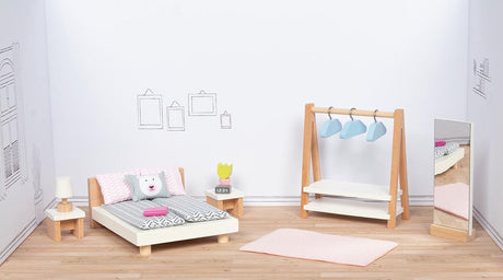 Goki dukkehusmøbler: designerværelse, 18-delt, seng 12,7 cm, bøgetræ og stof, 3+