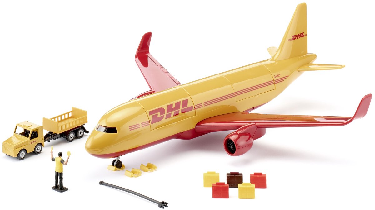 Siku 1702, DHL fragtfly med tilbehør, metal plastik, rød gul, legetøjsmodel, inkl. bagagevogn og flyveleder