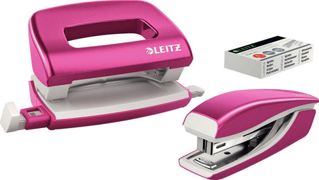 Leitz wow metal mini hæftemaskine og hulningssæt - inklusive hæfteklammer - pink metallisk - ideel til hjemmekontoret hjemmearbejdsplads