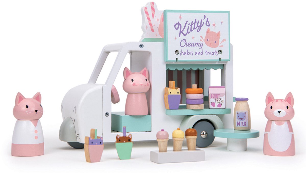 Mørt blad legetøj kitty's milkshake varevogn legesæt i træ.