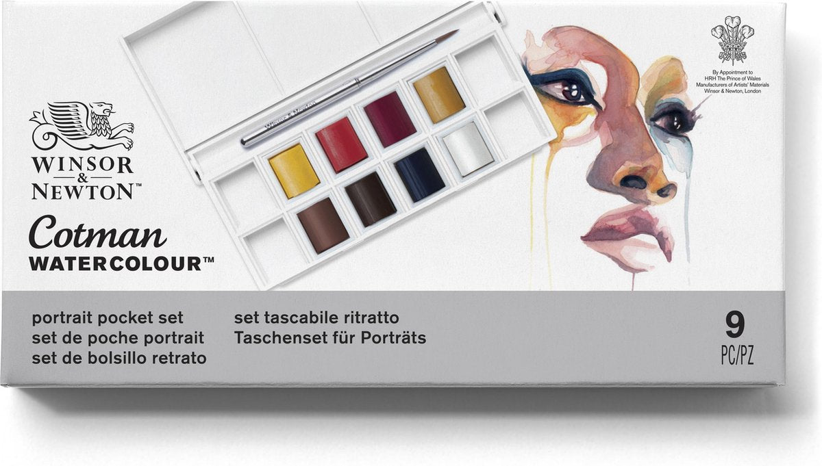 Winsor Newton 0390670 Cotman akvarelfarvesæt – portrætlommesæt – 8 halve pander akvarel – kompakt akvarelpalet med pensel