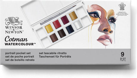 Winsor Newton 0390670 Cotman akvarelfarvesæt – portrætlommesæt – 8 halve pander akvarel – kompakt akvarelpalet med pensel
