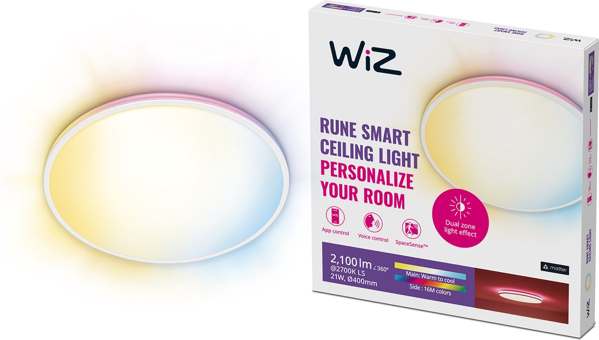 Wiz plafondlamp rune wit - slimme led-verlichting - gekleurd en wit licht - geïntegreerd led - 21w - wi-fi