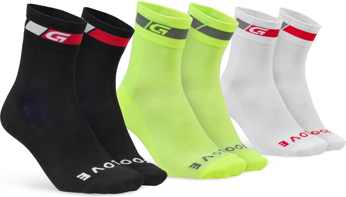Gripgrab - tricolore regular cut 3pack sommer cykelstrømper coolmax cykelstrømper - sort hvid gul hi-vis - unisex - størrelse m (41-44)