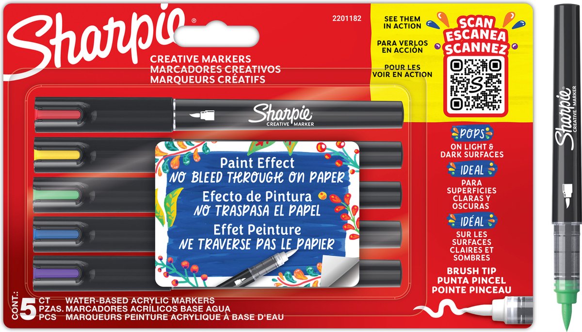Sharpie kreative tusch akrylmaling tuscher | børstespids | vandbaserede malingstusser | blækket bløder ikke og passer til de fleste overflader | forskellige farver | 5 stk