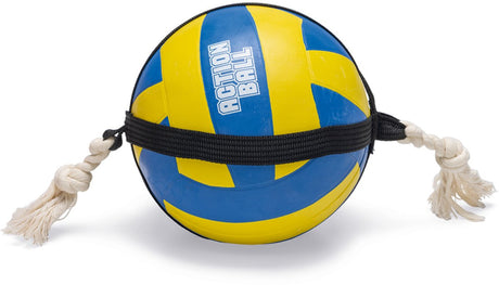 Beeztees action volleybal met touw - hondenspeelgoed - rubber - blauw geel - 48x20,4x20,4cm