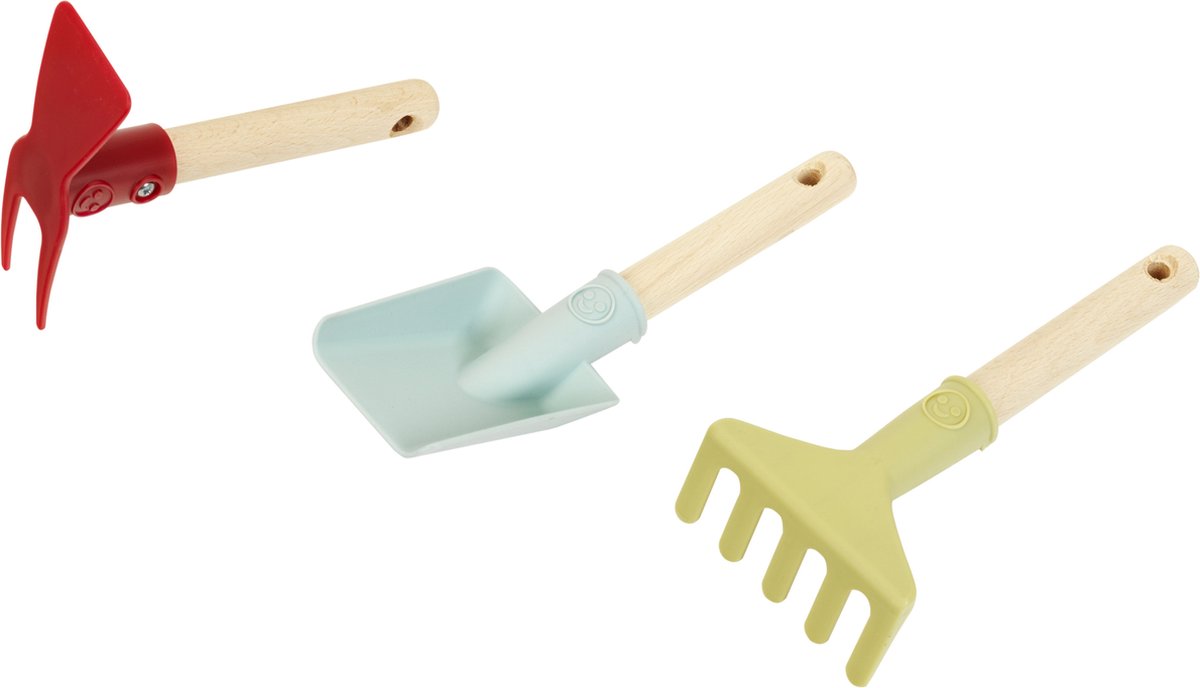 Klein legetøj lille fod 3-delt havesæt - hakke, håndskovl og håndrive - genbrugsplastik - flerfarvet