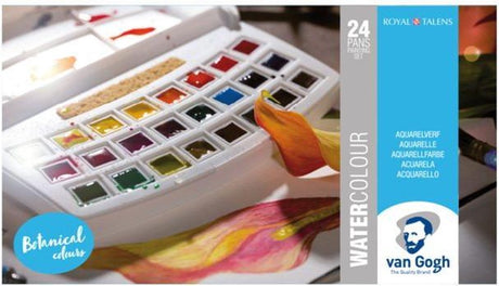 Van gogh aquarelverf set in kunststof etui botanische selectie met 24 kleuren in halve napjes