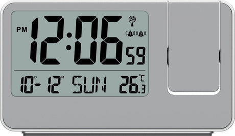 Technoline wt 534 - vækkeur - projektion vækkeur (180°) - digital - rektangel - radiostyret tidsvisning - 12 24h - datovisning - indvendig temperatur - 12 24 - 2 alarmer - snooze - plastik - tal - sølvfarvet