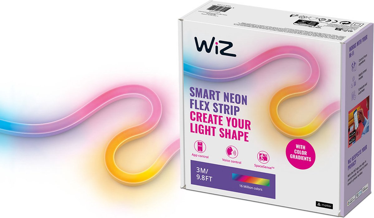 Wiz led strip - neon flex - 3 meter - rgbic - makkelijke installatie - gekleurd en wit licht - vorm zoals jij wilt - inclusief adapter van 12v