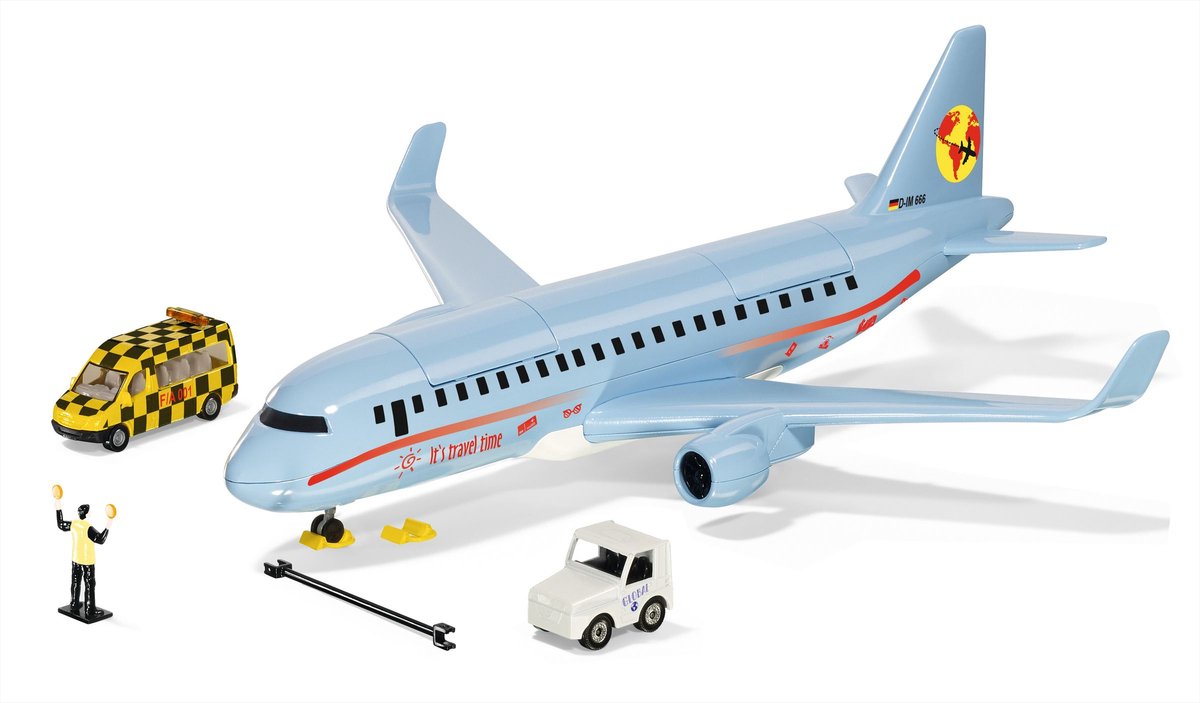 Siku 5402, passagerfly med tilbehør, plast, inkl. follow me vehicle (metalplastik), lyseblå, mange funktioner
