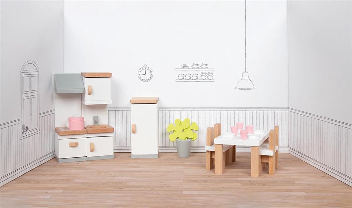 Goki dukkehusmøbler: designerkøkken, 20-delt, 10x6,5x5cm (bord), bøgetræ og stof, 3+