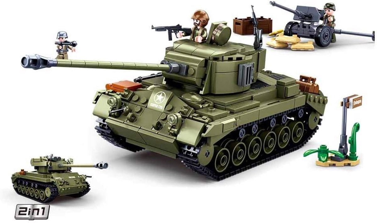 Sluban army WWII m26 pershing tankbygningslegetøj – byggelegetøjsmodelbygning – byggekasse med 742 byggeklodser – m38-b0860 fra 8 år