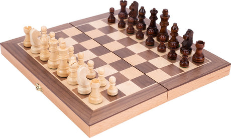 Engelhart schaakspel beukenhout met walnoot fineer – opklapbaar houten schaakbord 30x30 cm – luxe ingelegd speelveld – reis thuis editie –