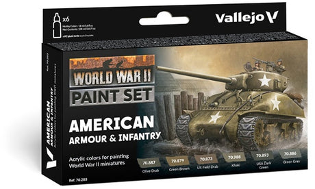 Vallejo hobbymaling akrylmaling - 70203 model farve - WWII amerikanske kampvogne og infanteri farvesæt - akryl sæt - 6x maling sæt - 6x 18 ml