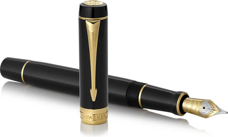 Parker duofold centennial fyldepen | klassisk sort med gulddetaljer | medium ren guldspids | sort blæk og konverter | premium gaveæske
