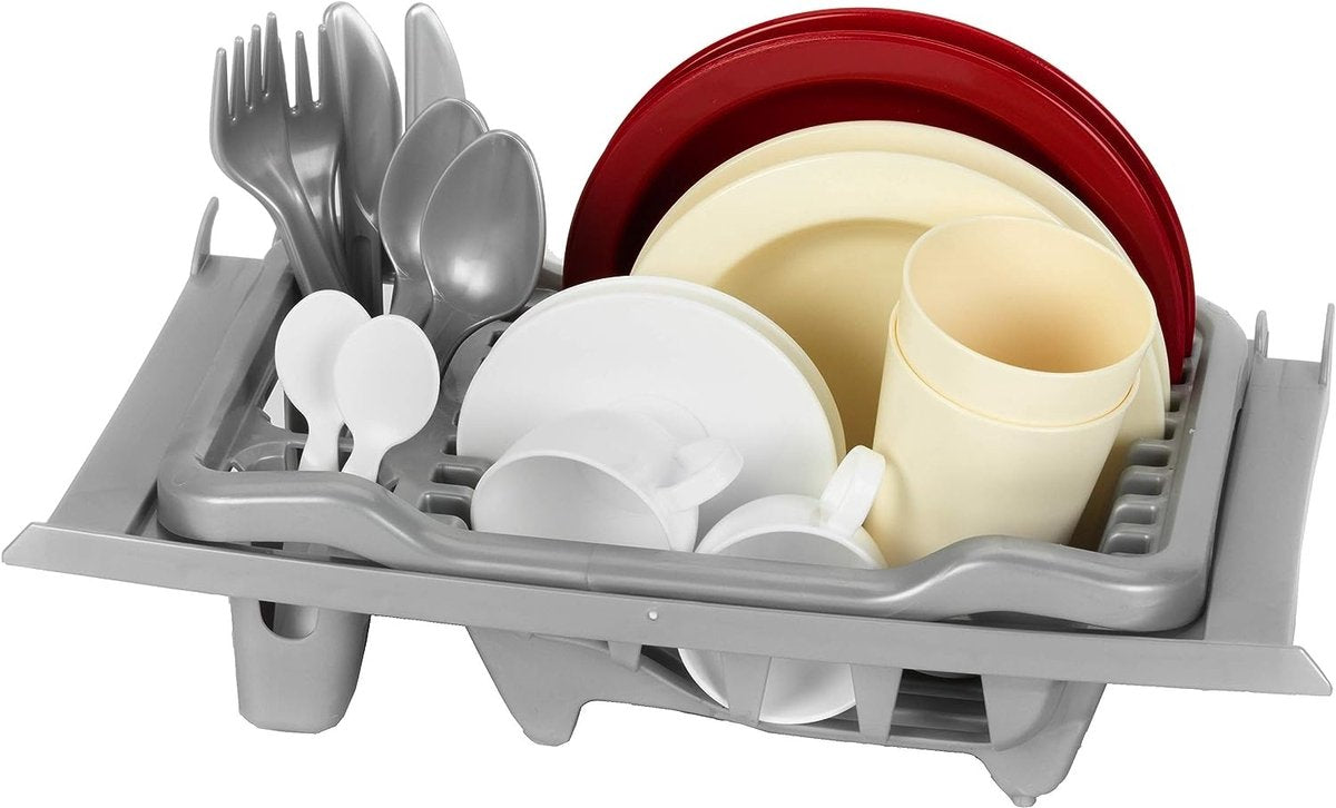 Klein legetøj - opvaskestativ - inkl. glide-in skinner, bestik sæt, porcelæn og kaffestel - grå rød