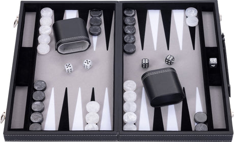 Engelhart backgammon 18 inch - grijs, zwart wit ingelegd bord - luxe zwarte koffer met handvat -