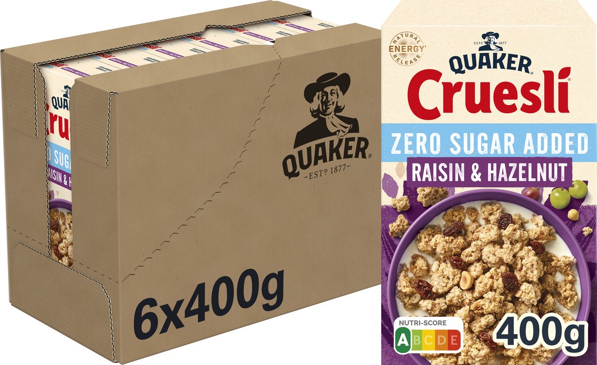 Quaker cruesli nul sukker tilsat rosin hasselnød - morgenmadsprodukter - 6 x 400 gram