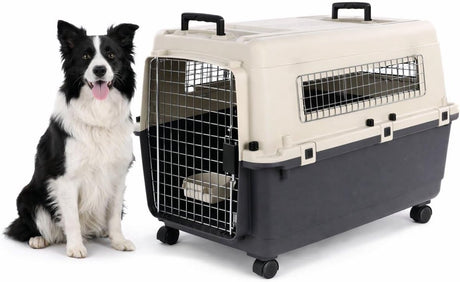Flamingo reisbench hond – autobench – transportbox hond – fomad donkergrijs l (57x80x59,5 cm) – kunststof – met metalen deur veiligheidsslot – inclusief eet- en drinkpot wielen –