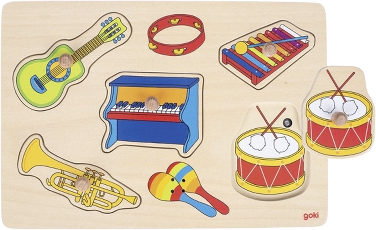 Goki puslespil med lyd: musikinstrumenter 30x21x3,4cm, med lydinstrumenter, 5-delt, træ, batterier inkluderet 2xaaa, 1+