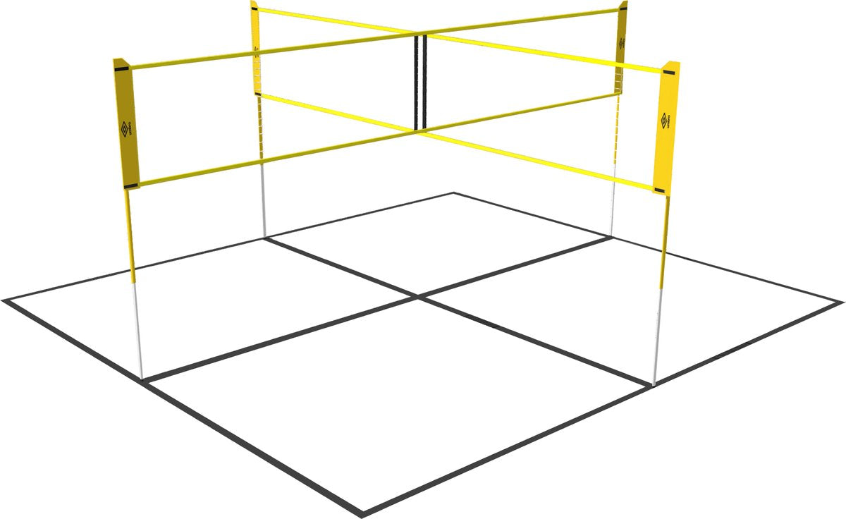 Umbro sportsnet - spilsæt - 168 x 400 cm - 4 rum - volleyballnet - badminton - fodvolleyball - krydsnet - sort gul