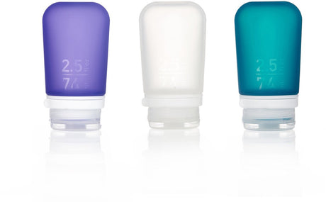 Human gear - gotoob+ 3-pack - rejseflaske - kolbe - lækagesikker - genanvendelig - letvægts - medium - 74ml - klar lilla blågrøn